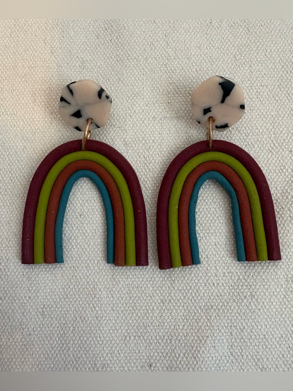 Handmade Multicolor Clay Rainbow Arch Earrings - Green, Teal & Burgundy